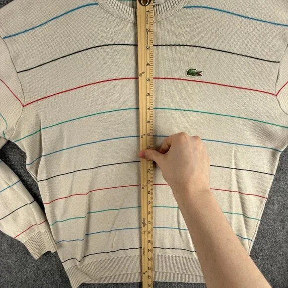 Lacoste Men Sweater Knit Croc Logo Striped Off White Casual Size 4 Medium Adult - Picture 3 of 16